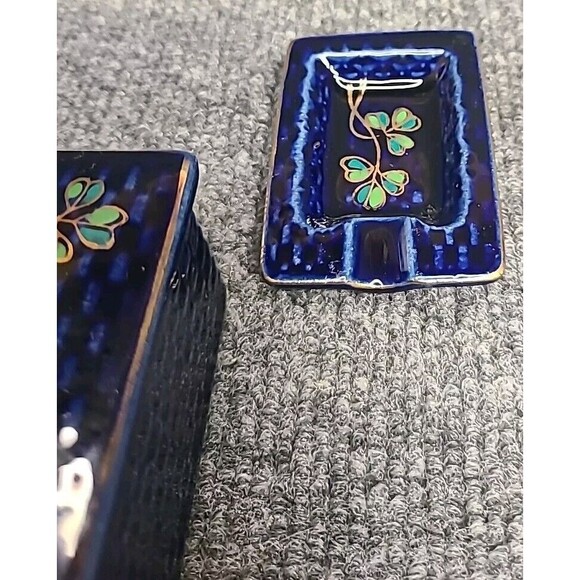 Ceramic Individual 4-Ashtray Box w/Lid Cobalt Blue Japan Antique - Picture 4 of 11